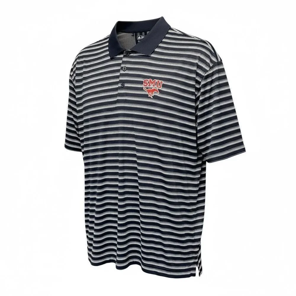 EUC Adidas Gold Men’s Striped Navy Polo Shirt SMU Embroidery on Front - Size 2XL